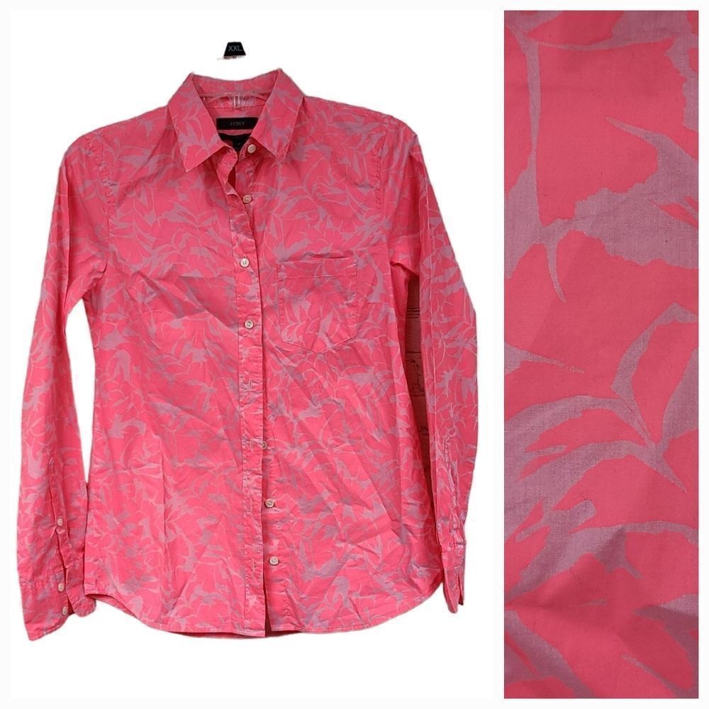 J. Crew Boy Shirt Neon Pink Tropical Floral Button Front Long Sleeve Woman's Top